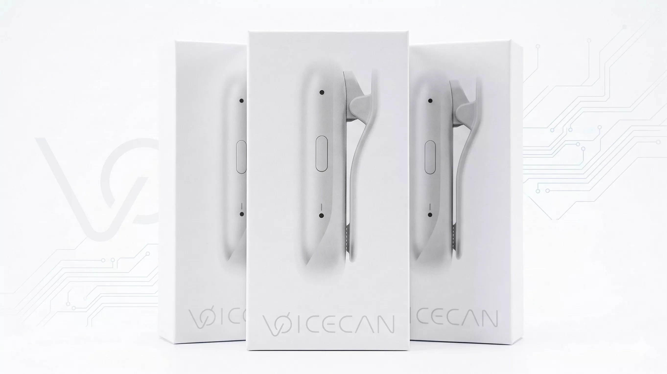 AI audio device in packaging — three variants displayed